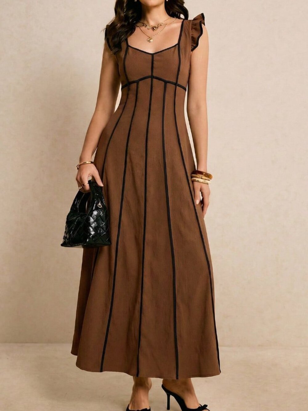 Brown Casual Women's Sweetheart Neck Cap Sleeve Elegant Dress